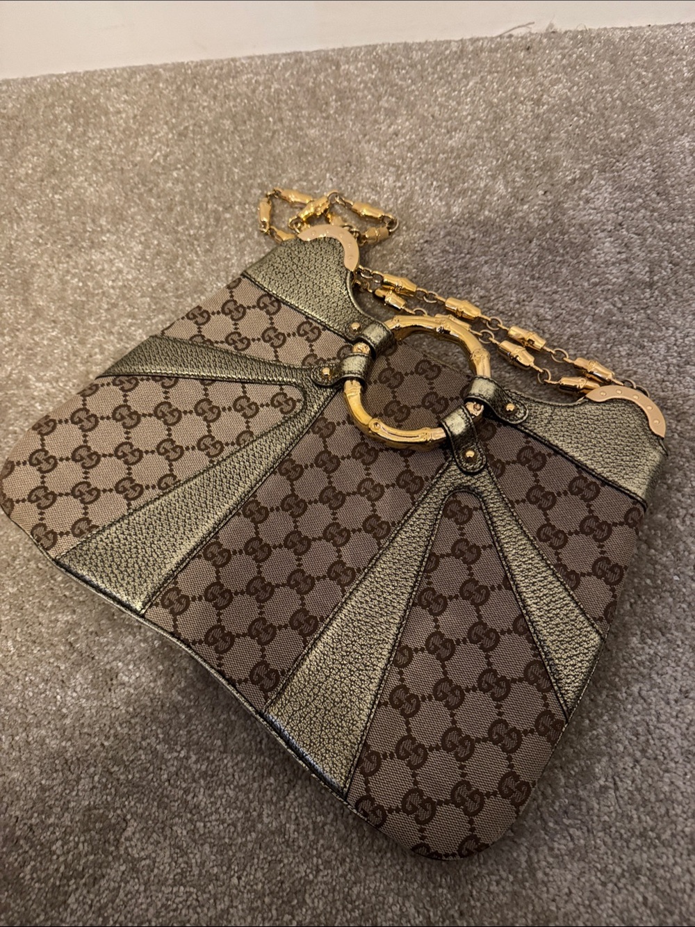 Gucci Brown GG Canvas Shoulder Bag with Gold Bamboo Ring -collection by Tom Ford